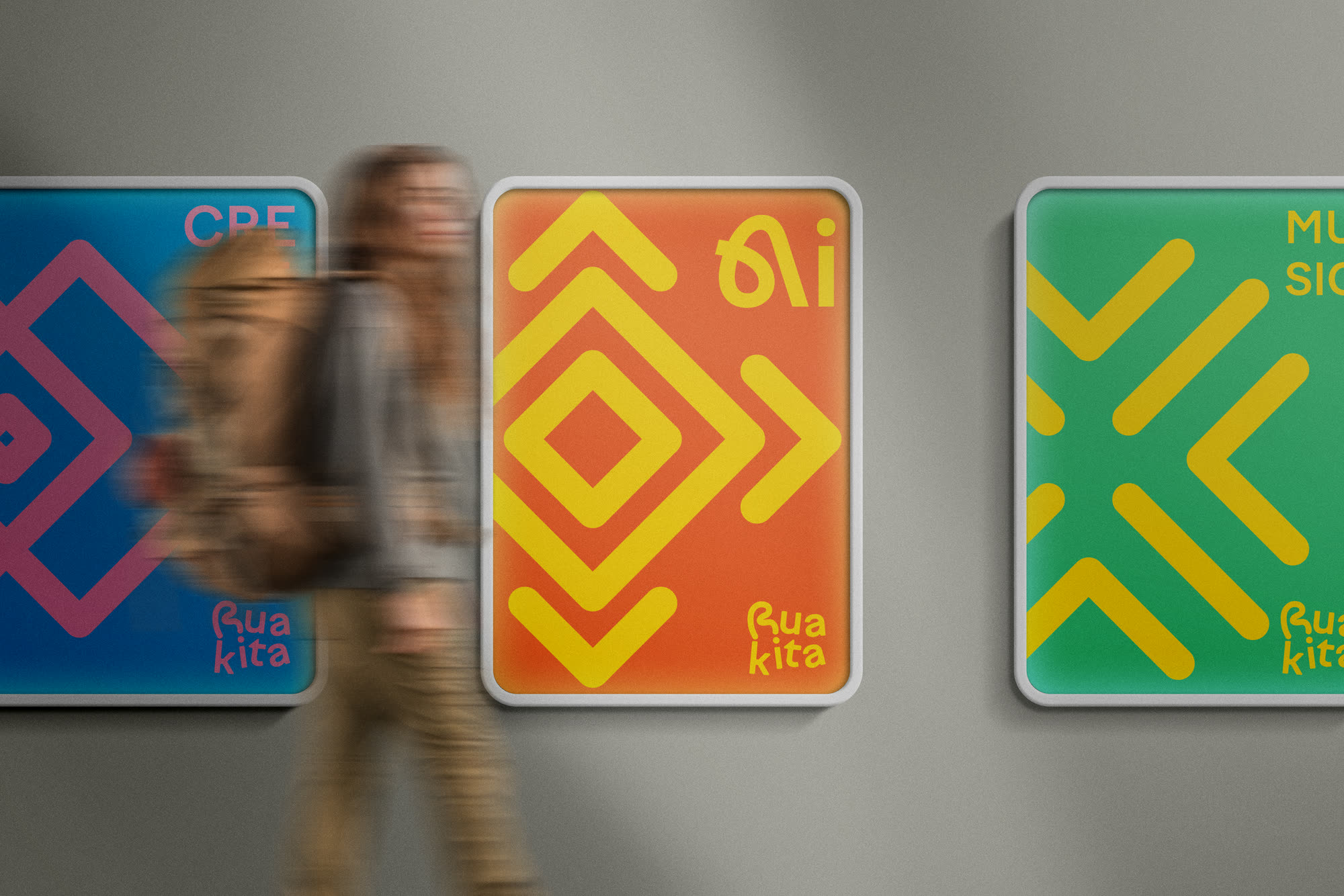 Rua Kita poster series installed in a public corridor